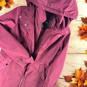 HFX Hooded Raincoat Women S‎ Water Wind Resistant Burgundy Jacket Zip Button